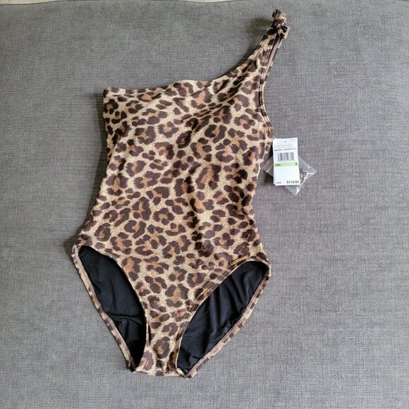 Michael Kors Women Tan Brown Leopard Print knotted one Shoulder Swimsuit sz 8 - Picture 5 of 16
